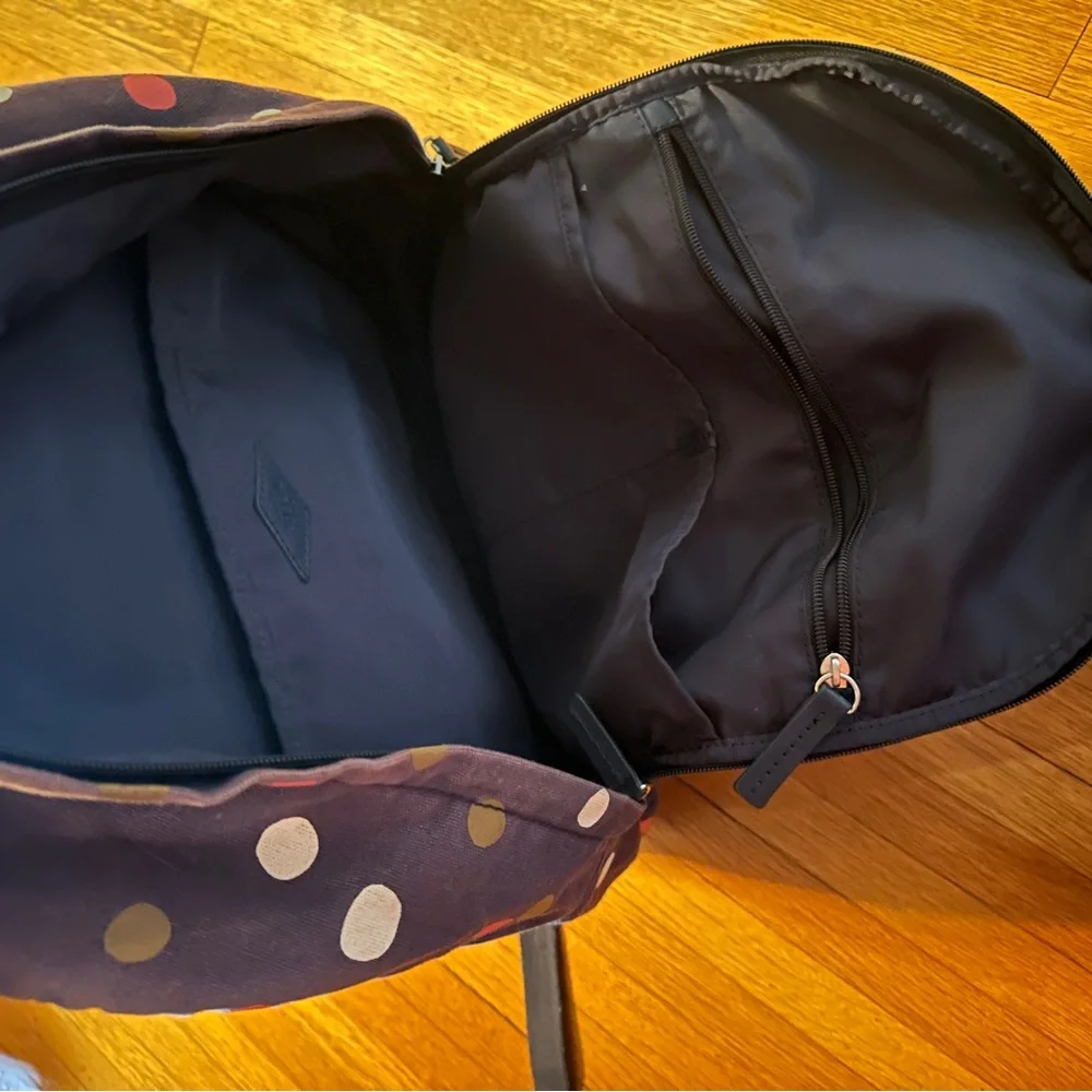 Fossil ELLA Canvas Laptop Backpack Navy Blue Polka Dots Book Bag
